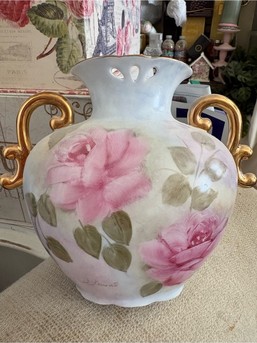 Limoges Pink Rose Porcelain Vase with Gold Handles
